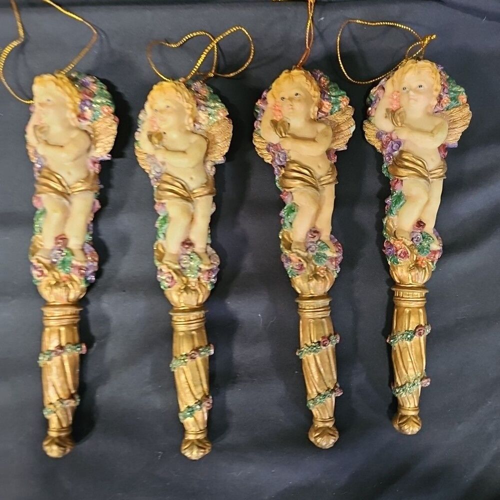 4 VTG Baroque Resin Carved Painted Angel Cherub Floral Glitter Ornament 7"